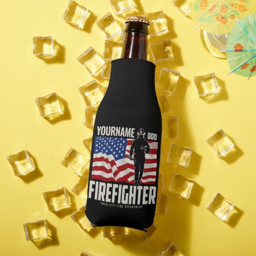 Personalized Firefighter Rescue USA Flag Patriotic Bottle Cooler