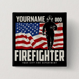Personalized Firefighter Rescue USA Flag Patriotic Button