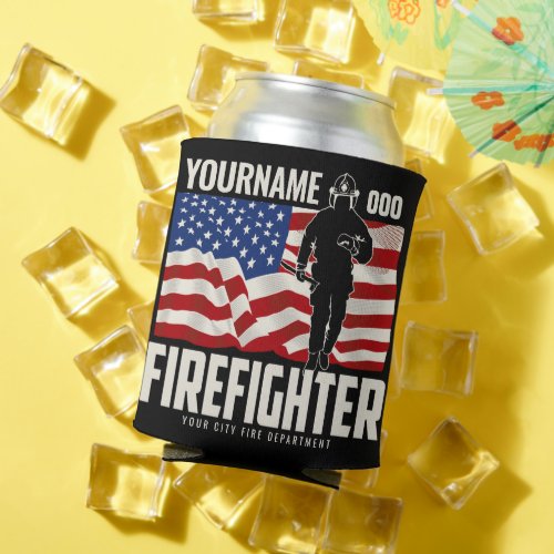 Personalized Firefighter Rescue USA Flag Patriotic Can Cooler