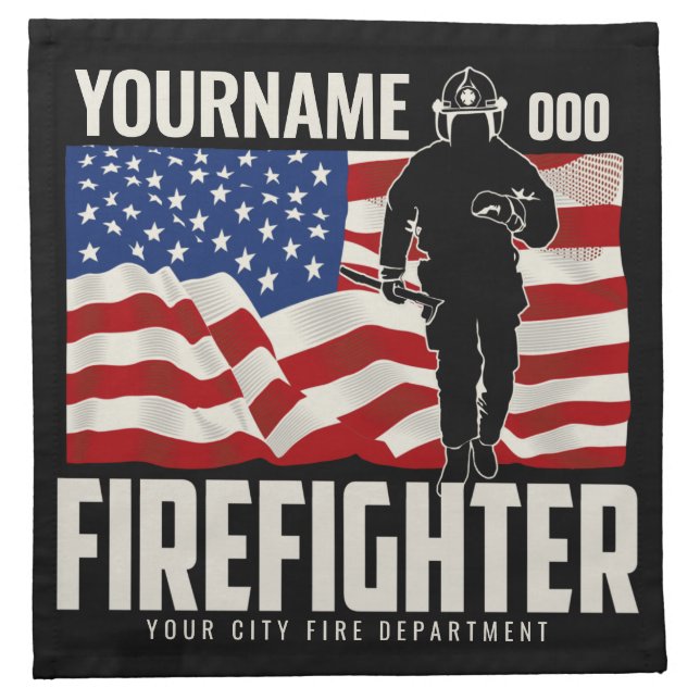 Personalized Firefighter Rescue USA Flag Patriotic Cloth Napkin (Front)