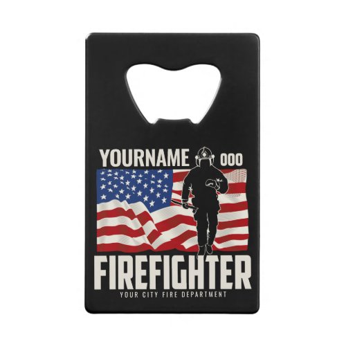 Personalized Firefighter Rescue USA Flag Patriotic Credit Card Bottle Opener