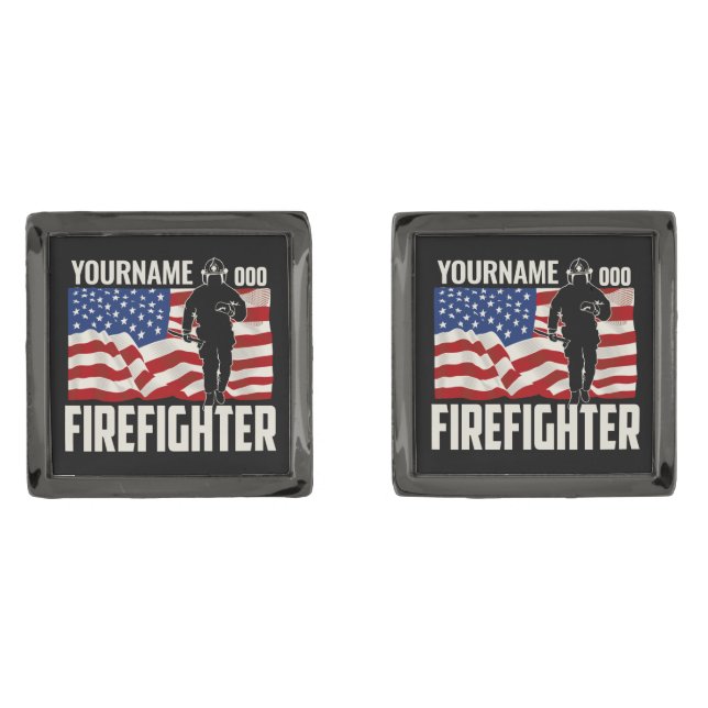 Personalized Firefighter Rescue USA Flag Patriotic Cufflinks (Front)