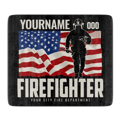 Personalized Firefighter Rescue USA Flag Patriotic Cutting Board