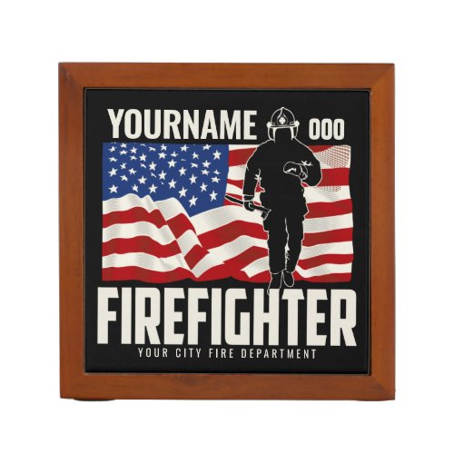 Personalized Firefighter Rescue USA Flag Patriotic Desk Organizer