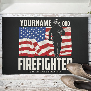 Personalized Firefighter Rescue USA Flag Patriotic Doormat