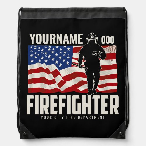 Personalized Firefighter Rescue USA Flag Patriotic Drawstring Bag