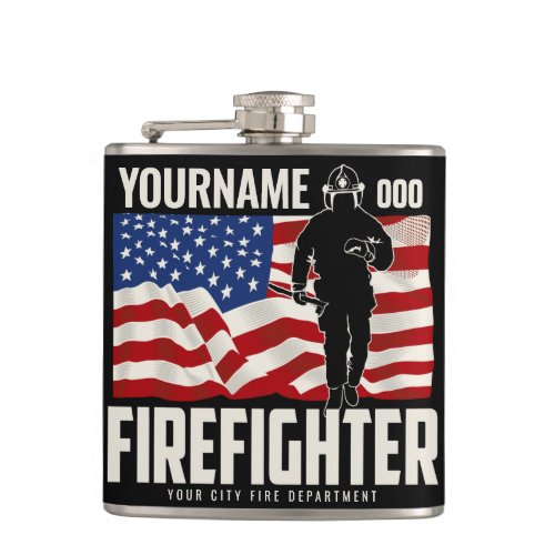 Personalized Firefighter Rescue USA Flag Patriotic Flask