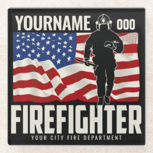 Personalized Firefighter Rescue USA Flag Patriotic Glass Coaster