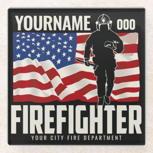 Personalized Firefighter Rescue USA Flag Patriotic Glass Coaster