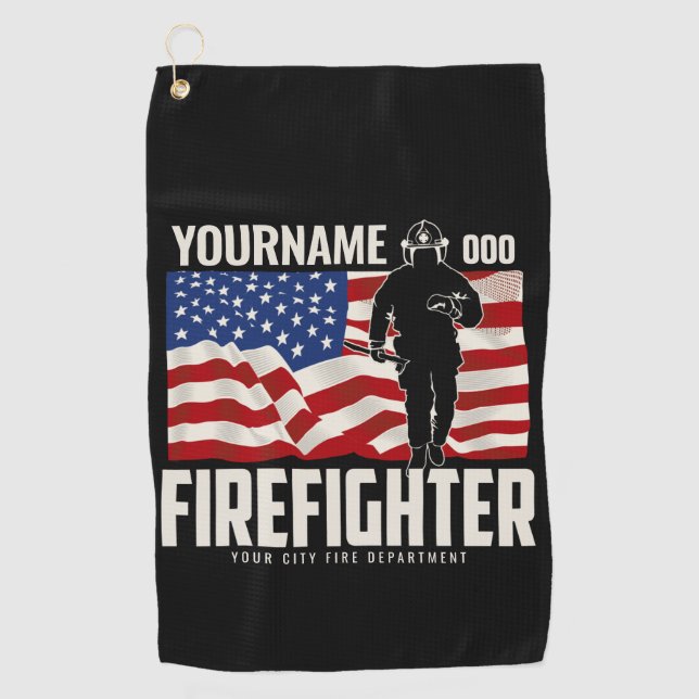 Personalized Firefighter Rescue USA Flag Patriotic Golf Towel (Front)