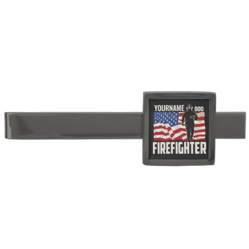 Personalized Firefighter Rescue USA Flag Patriotic Gunmetal Finish Tie Bar