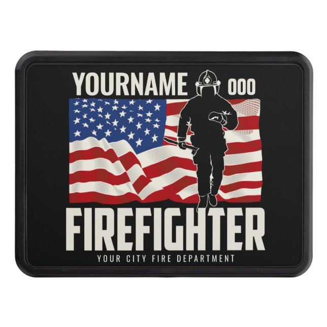 Personalized Firefighter Rescue USA Flag Patriotic Hitch Cover (Front)