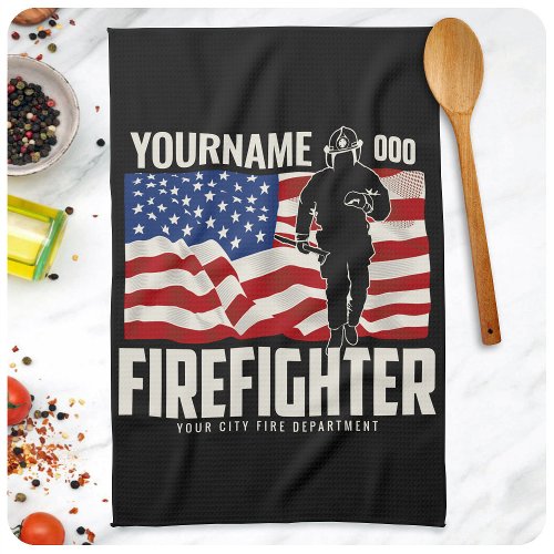 Personalized Firefighter Rescue USA Flag Patriotic Kitchen Towel