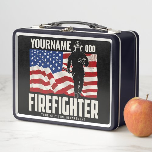 Personalized Firefighter Rescue USA Flag Patriotic Metal Lunch Box