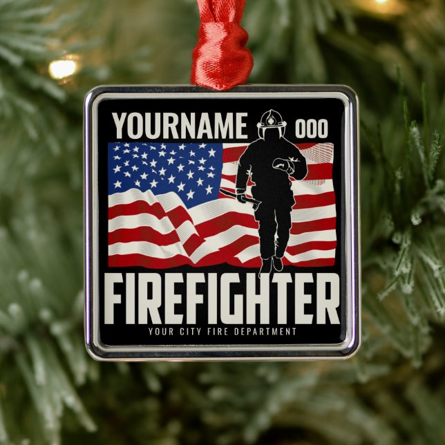 Personalized Firefighter Rescue USA Flag Patriotic Metal Ornament (Tree)