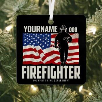 Personalized Firefighter Rescue Usa Flag Patriotic Metal Ornament by GyftGuru at Zazzle