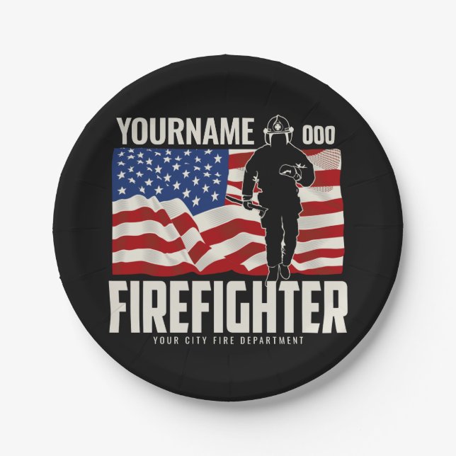 Personalized Firefighter Rescue USA Flag Patriotic Paper Plates (Front)