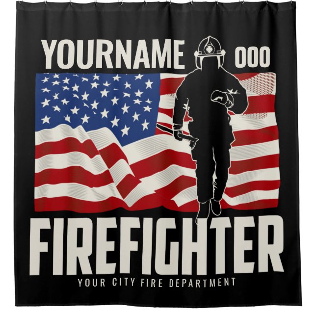 Personalized Firefighter Rescue USA Flag Patriotic Shower Curtain (Front)