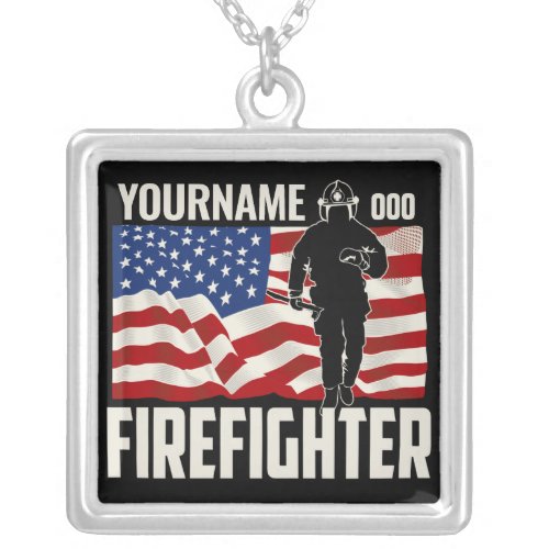 Personalized Firefighter Rescue USA Flag Patriotic Silver Plated Necklace