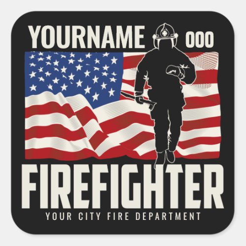 Personalized Firefighter Rescue USA Flag Patriotic Square Sticker