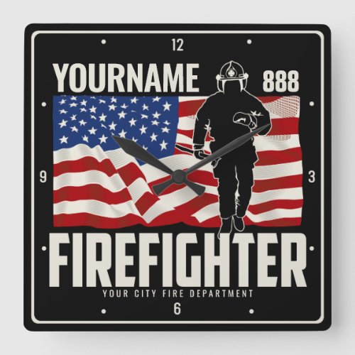 Personalized Firefighter Rescue USA Flag Patriotic Square Wall Clock
