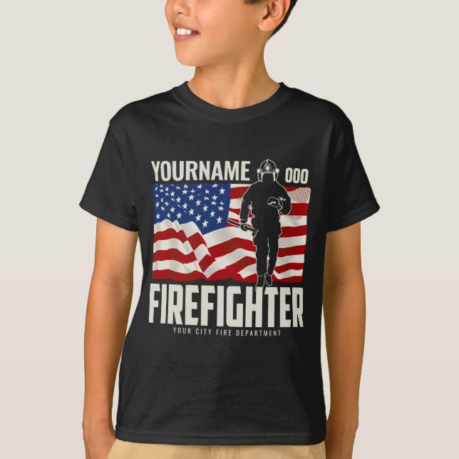 Personalized Firefighter Rescue USA Flag Patriotic T-Shirt (Front)