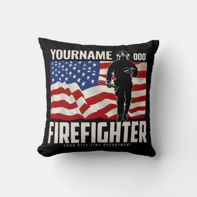 Personalized Firefighter Rescue USA Flag Patriotic Throw Pillow (Front)