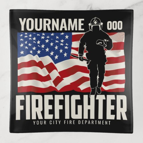 Personalized Firefighter Rescue USA Flag Patriotic Trinket Tray