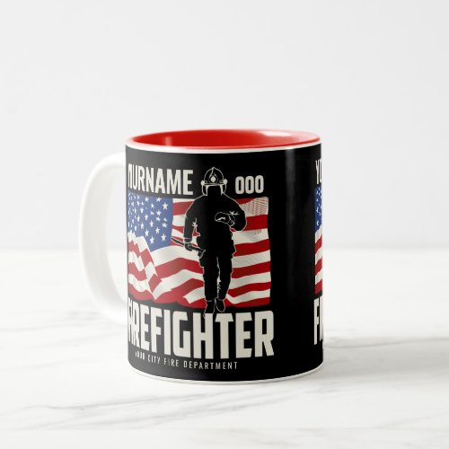 Personalized Firefighter Rescue USA Flag Patriotic Two_Tone Coffee Mug