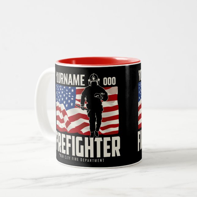Personalized Firefighter Rescue USA Flag Patriotic Two-Tone Coffee Mug (Front Left)