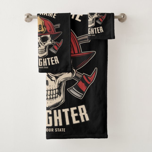 Personalized Firefighter Skull Fireman Fire Dept Bath Towel Set (Insitu)