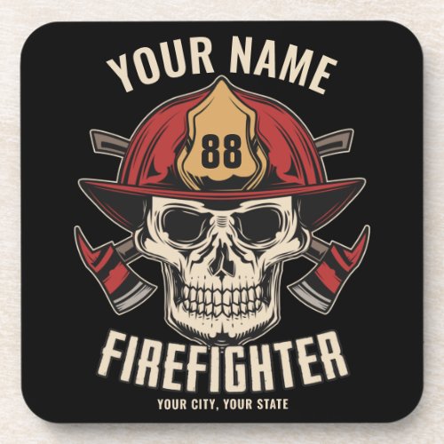Personalized Firefighter Skull Fireman Fire Dept  Beverage Coaster
