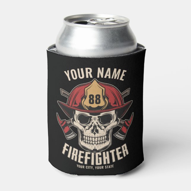 Personalized Firefighter Skull Fireman Fire Dept  Can Cooler (Can Front)