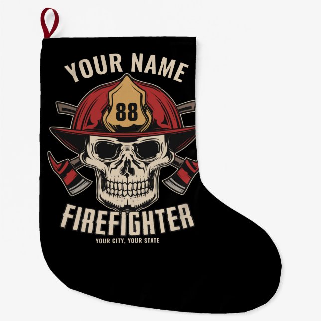Personalized Firefighter Skull Fireman Fire Dept  Large Christmas Stocking (Front)