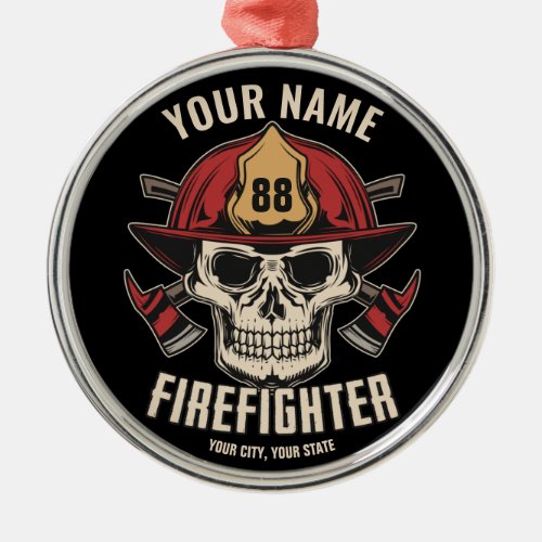 Personalized Firefighter Skull Fireman Fire Dept Metal Ornament