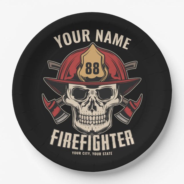 Personalized Firefighter Skull Fireman Fire Dept  Paper Plates (Front)