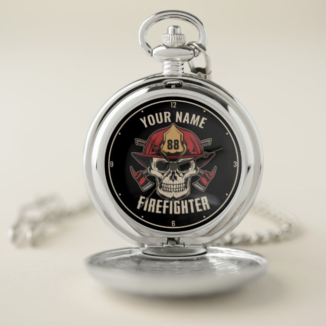 Personalized Firefighter Skull Fireman Fire Dept Pocket Watch (Inside)