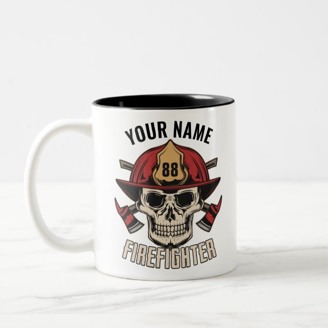 Personalized Firefighter Skull Fireman Fire Dept Two-Tone Coffee Mug (Left)