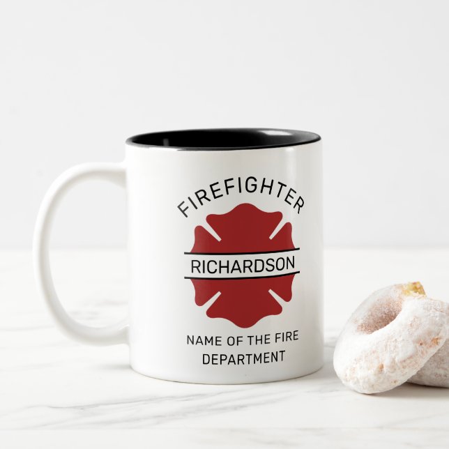 Personalized Firefighter Symbol Fire Department Two-Tone Coffee Mug (With Donut)