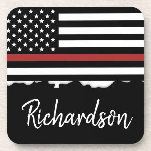 Personalized Firefighter Thin Red Line Fire Rescue Beverage Coaster