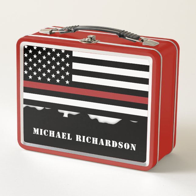 Personalized Firefighter Thin Red Line Fire Rescue Metal Lunch Box (Front)