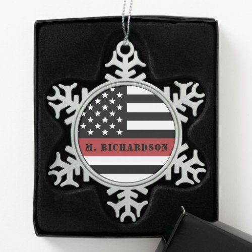Personalized Firefighter Thin Red Line Fire Rescue Snowflake Pewter Christmas Ornament