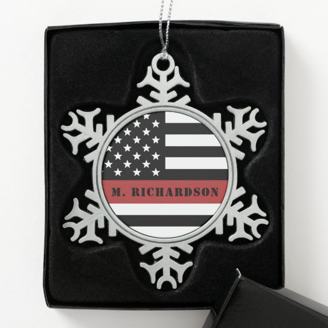 Personalized Firefighter Thin Red Line Fire Rescue Snowflake Pewter Christmas Ornament (Box)