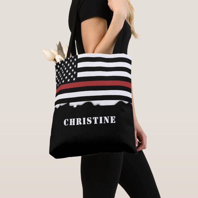 Personalized Firefighter Thin Red Line Fire Rescue Tote Bag (Close Up)