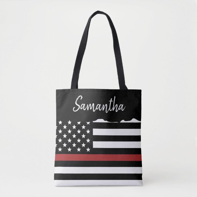 Personalized Firefighter Thin Red Line Fire Rescue Tote Bag (Front)