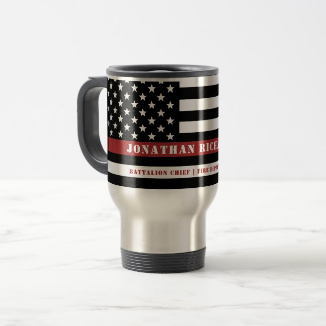 Personalized Firefighter Thin Red Line Fire Rescue Travel Mug (Front Left)