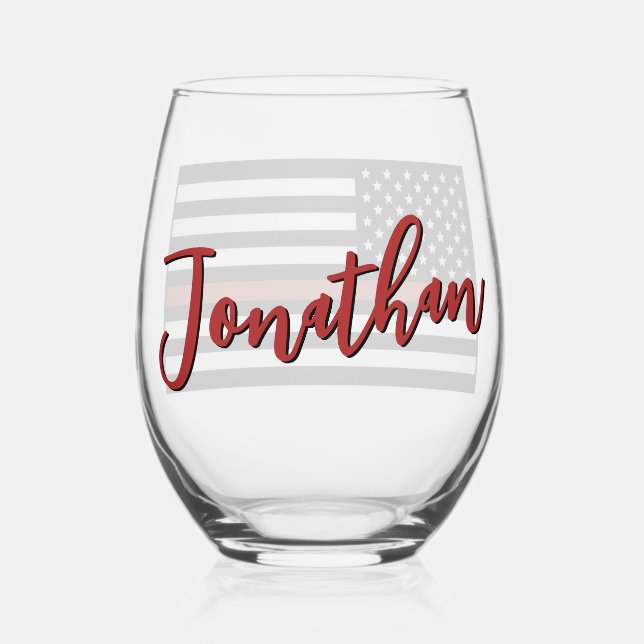 Personalized Firefighter Thin Red Line Flag Stemless Wine Glass (Back)