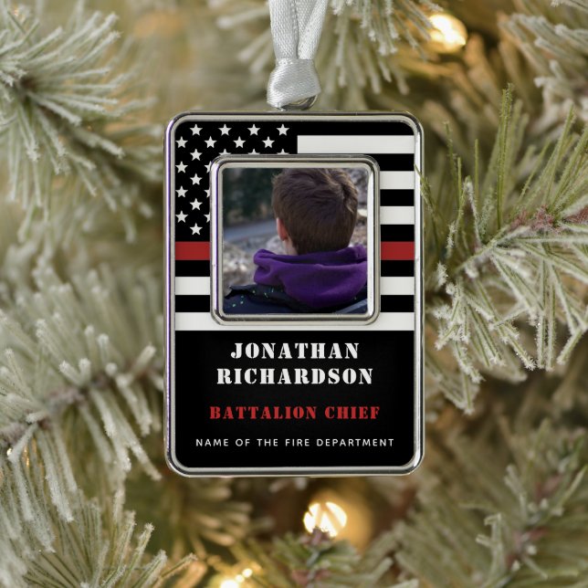 Personalized Firefighter Thin Red Line Photo Christmas Ornament (Tree)