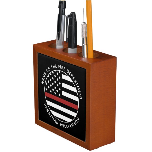 Personalized Firefighter Thin Red Line USA Flag Desk Organizer (In Situ)