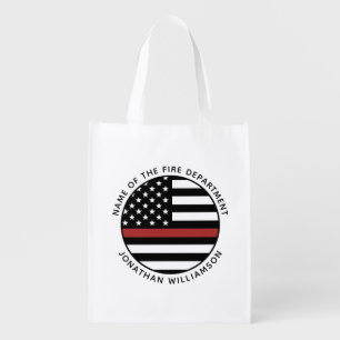 Personalized Firefighter Thin Red Line USA Flag Grocery Bag